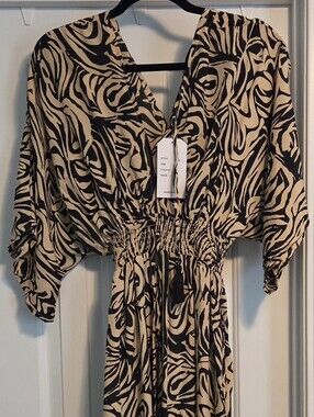 Black and Cream Printed Smocked Waist Maxi Dress